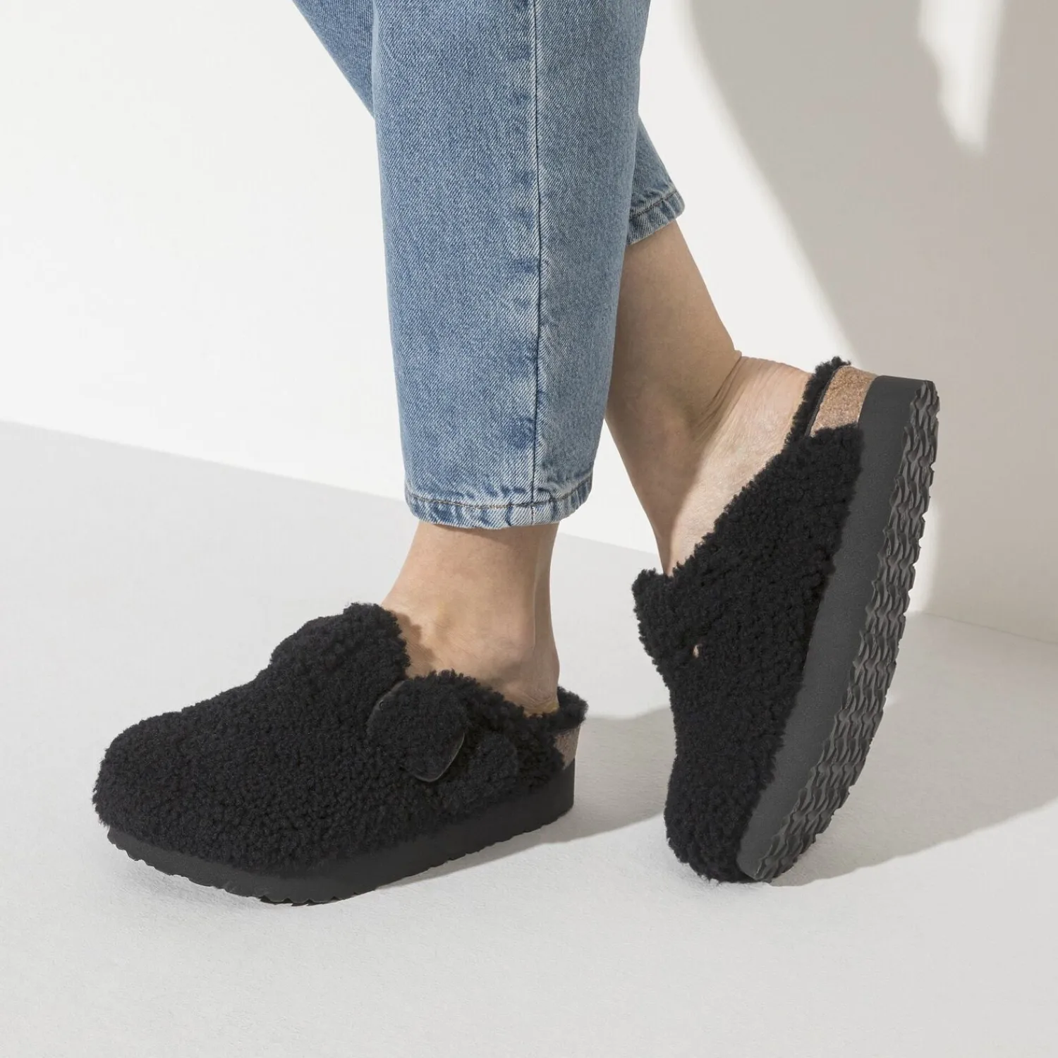 Cheap Birkenstock Boston Big Buckle Platform Teddy Black